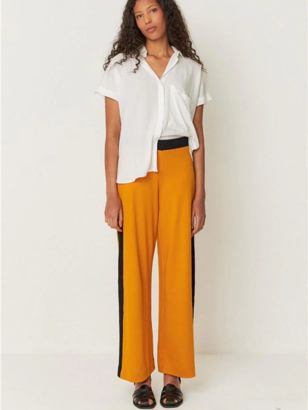 SKFK Elixi-Gots Caramel Mustard Wide Leg Pants Black Side Stripe Elastic Waist